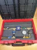 Aquapea Connect open case showing the flow meter, pressure gauge and valve assembly