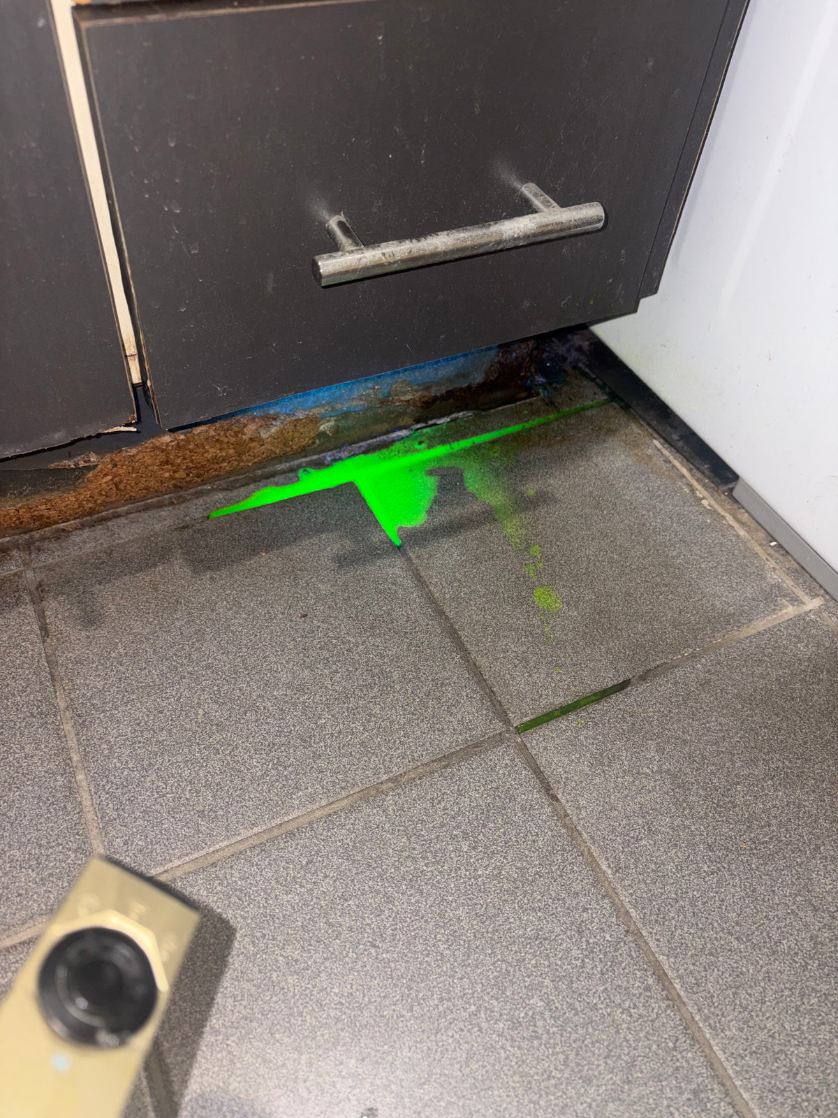 Drain tracing dye highlighting a water path