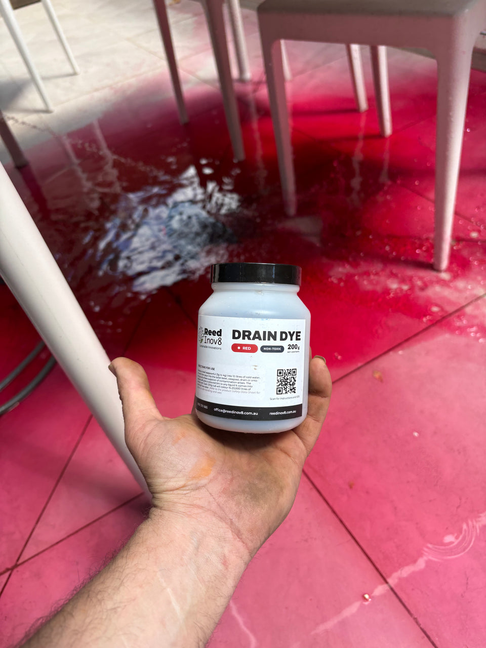Red Drain Dye during a water test.